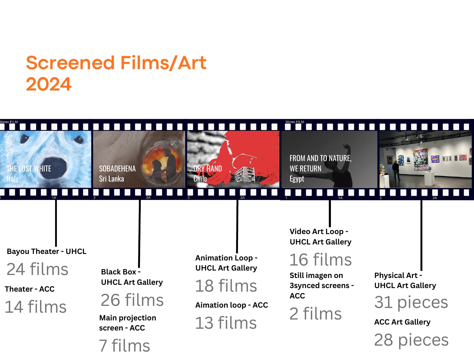 Breakdown of films and physical artworks screened and exhibited during the 2024 festival