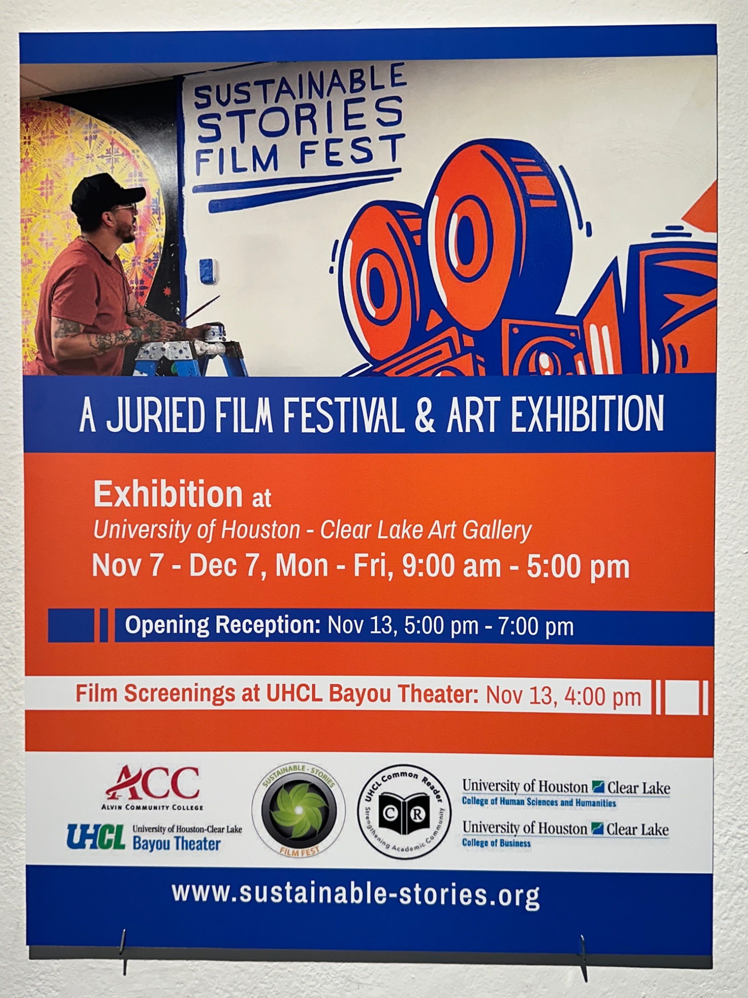 The 2024 Sustainable Stories exhibition and screening poster installed at UHCL