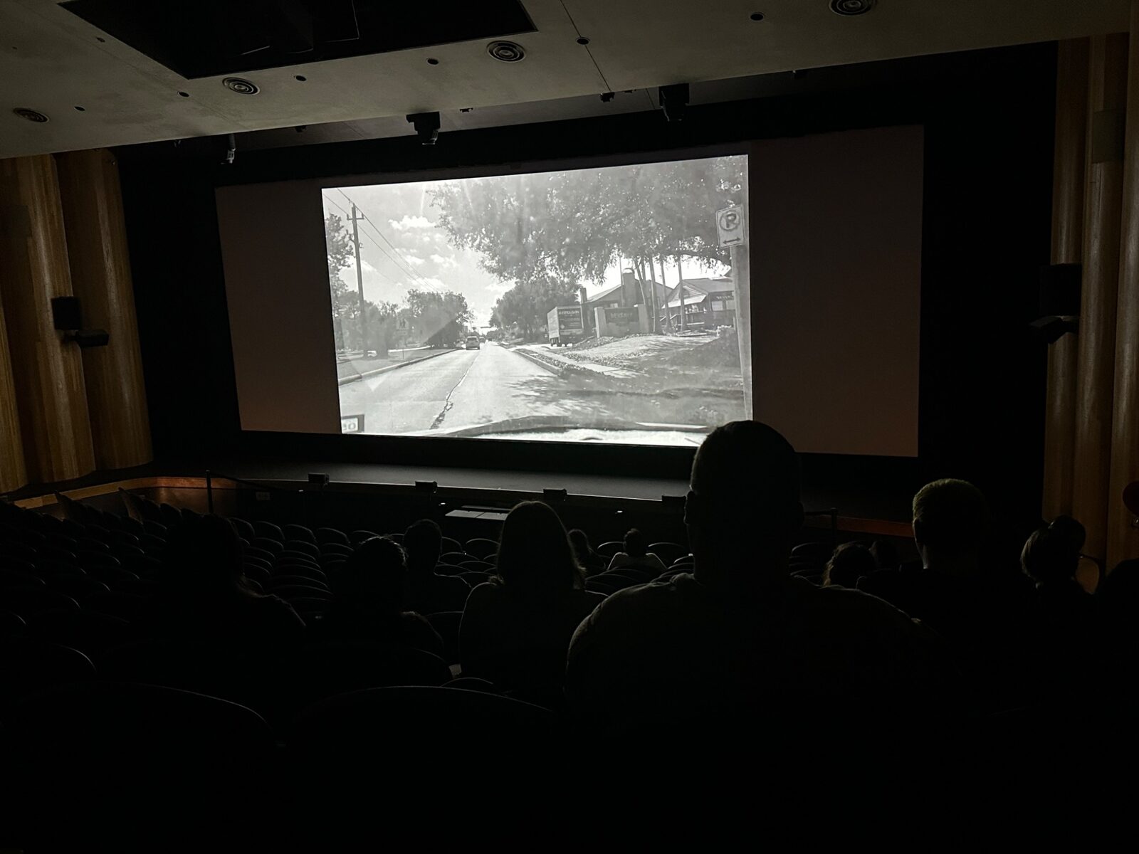 Black-and-white film screening in the Bayou Theater
